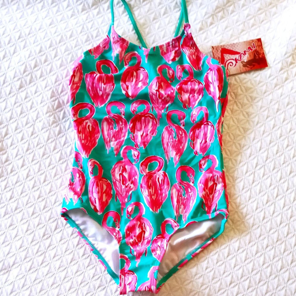 NEW Girls SZ14 One Piece Flamingo Bathing Suit Turquoise